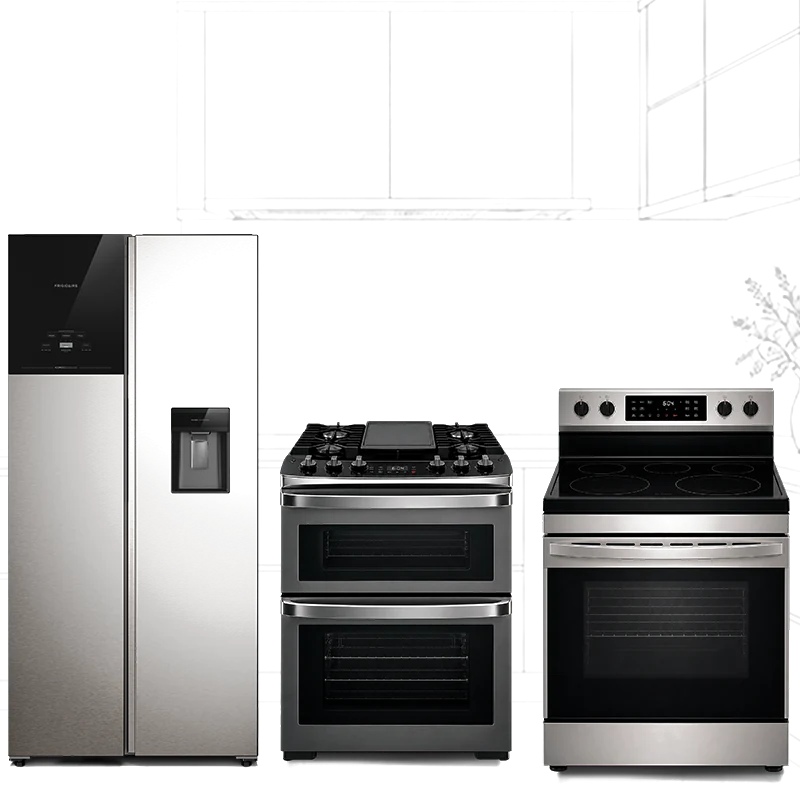 Refrigeradora, cocina a gas de doble horno y cocina eléctrica Frigidaire